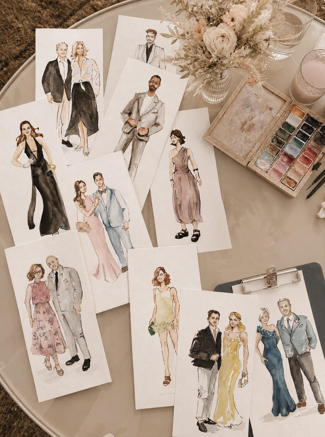 Live watercolour guest portraits painted during an event in Portugal